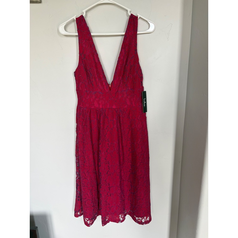 Lulus Love Galore Magenta Lace Skater Dress Pink Plunging V-Neck Cocktail NWT S